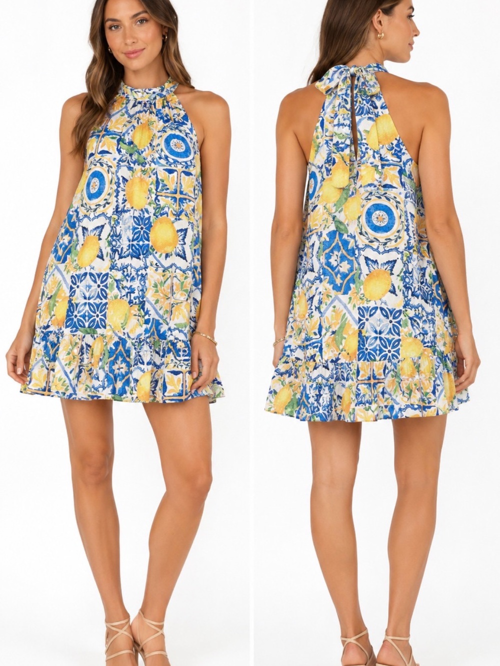 NWT 1.STATE Lemon Mediterranean Tile Print Halter Mini Dress M